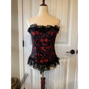 Vaacodor Red Black Floral Brocade Lace Trim Corset Top Gothic Steampunk 2XL